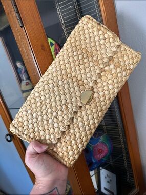 Woven Straw Clutch with Gold-Tone Clasp in Natural
